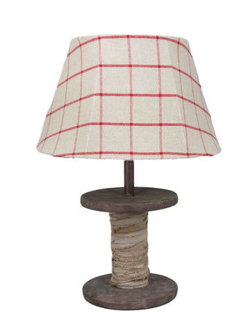 Tea Stained Spool Table Lamp with Red Plaid Shade - Albert Estate Ltd.