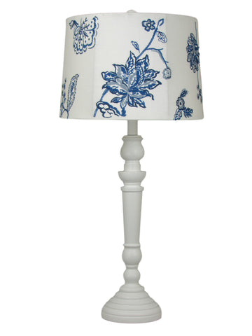 White Spindle Table Lamp with Embroidered Blue Mum Shade - Albert Estate Ltd.