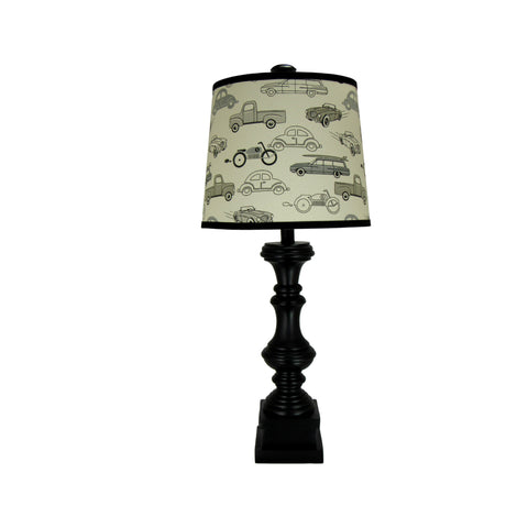 Black Distressed Spindle Table Lamp with Retro Rides Lead Macon Print Lamp Shade - Albert Estate Ltd.