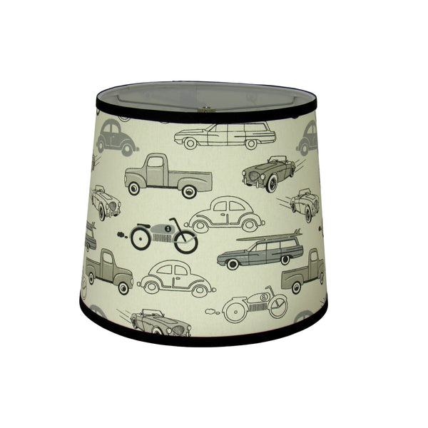 Black Distressed Spindle Table Lamp with Retro Rides Lead Macon Print Lamp Shade - Albert Estate Ltd.