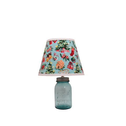 Aqua Quart Mason Jar Lamp with Christmas Morning Print Lamp Shade